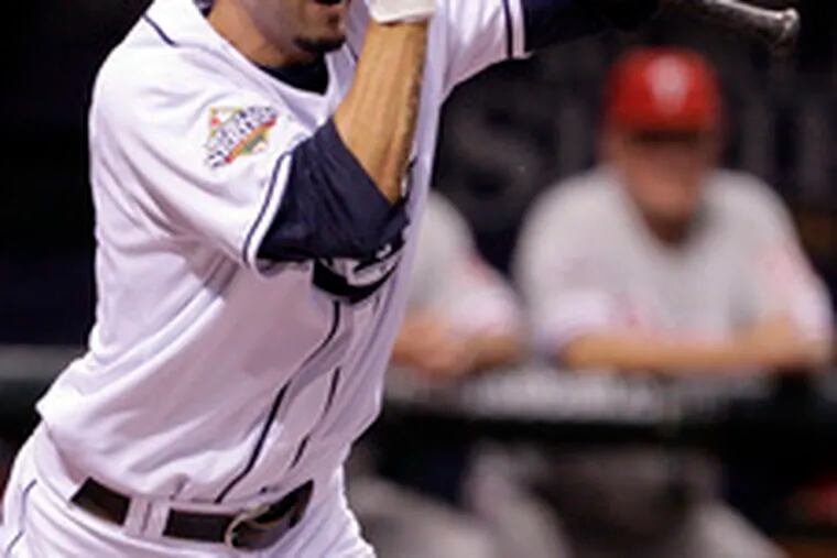 Rays&#0039; Jason Bartlett lays down bunt in fourth to score a run.