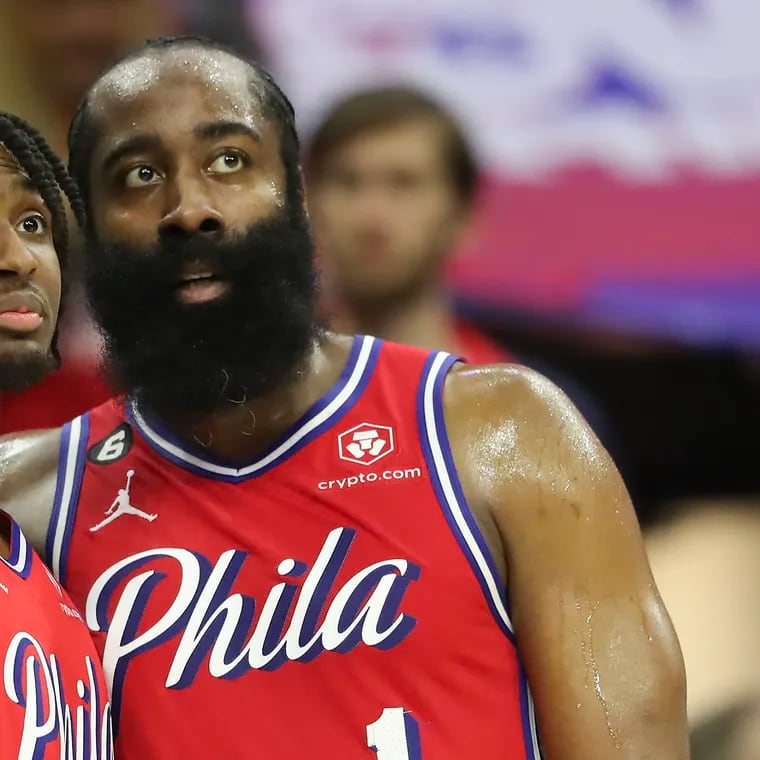Sixers guard James Harden talks to teammate guard Tyrese Maxey against the Brooklyn Nets at the end of game one of the first round in the Eastern Conference playoffs on Saturday, April 15, 2023 in Philadelphia.