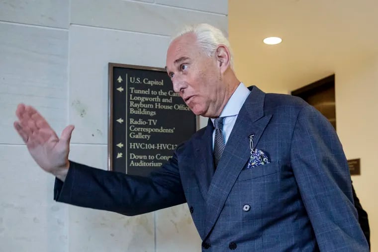 FILE - In this Sept. 26, 2017, file photo, President Donald Trump associate Roger Stone arrives to testify before the House Intelligence Committee, on Capitol Hill in Washington. The top Democrat on the House intelligence committee says former Trump adviser Roger Stone's testimony should be provided to special counsel Robert Mueller to consider potential perjury charges. Rep. Adam Schiff said Sunday on ABC's "This Week" that emails between Stone and an associate, Jerome Corsi, are "inconsistent" with Stone's testimony.  (AP Photo/J. Scott Applewhite, File)