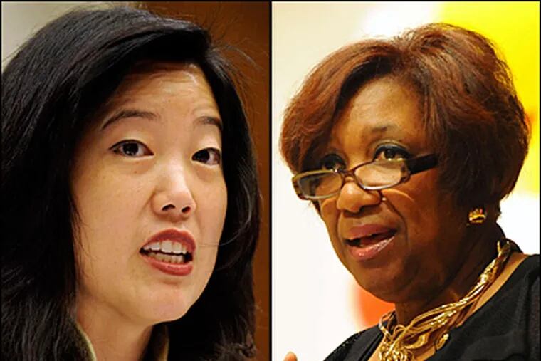 Michelle Rhee (left), former chancellor of D.C.'s public schools, has become a pro-vouchers advocate. Supporters hope that ex-Philadelphia schools superintendent Arlene Ackerman (right) will help tip the legislative balance. (Clem Murray/Staff)