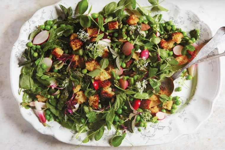 Spring Bread Salad with asparagus, radishes, peas and mint from cookbook The Lost Kitchen by Erin French