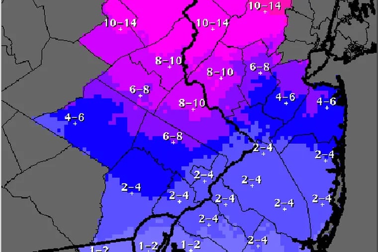 A map updated Thursday afternoon showing new snowfall projections for the storm expected to hit much of the Northeast late Friday and early Saturday. (National Weather Service)