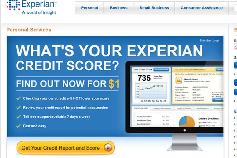 Experian.com screen grab, site of one of the Big Three in the industry. The company has gotten caught up in the ongoing saga of typosquatters.