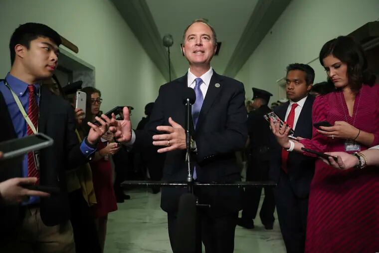 Chairman Rep. Adam Schiff, D-Calif., talks to the media after Acting Director of National Intelligence Joseph Maguire testified before the House Intelligence Committee on Capitol Hill in Washington, Thursday, Sept. 26, 2019.