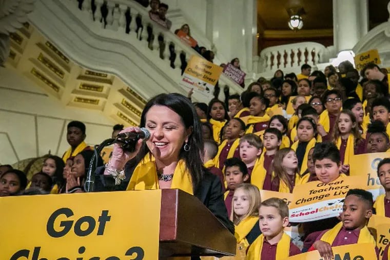 Pennsylvania Coalition of Public Charter Schools Executive Director Ana Meyers speaks at the Capitol in Harrisburg for National School Choice week in 2019.