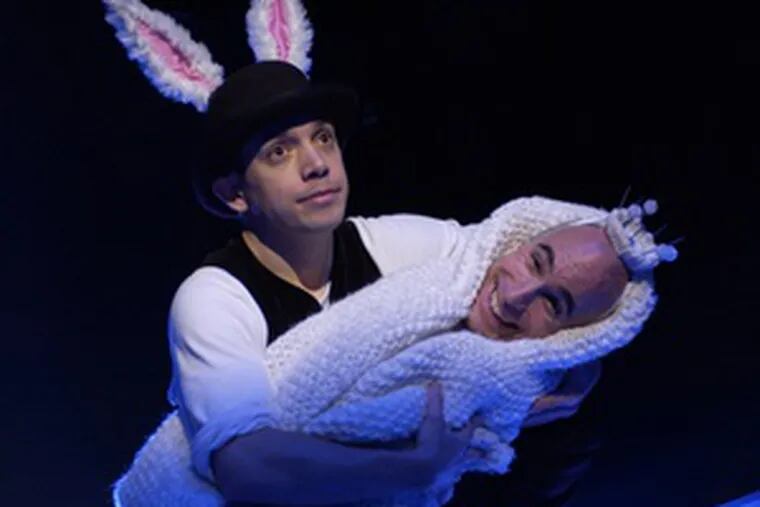 More foolishness , with Doug Hara as the White Rabbit and Larry DiStasi as the White Queen in the production from Lookingglass Theatrein Chicago.