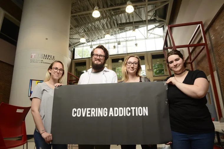 Temple students Covering Addiction:  Sydney Schaefer, visuals editor, Matt McCann, reporter, Laura Smythe, reporter, and Valerie McIntyre, photographer and videographer (left to right)