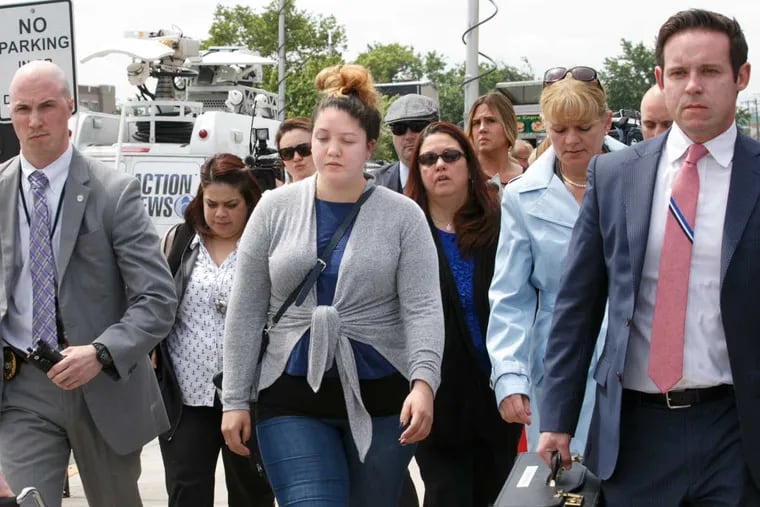 Samantha Denoto, center, the mother of three-year-old victim Brendan Creato, exits the Camden Courthouse, after the Judge announced a hung jury in the case against David &quot;D.J.&quot; Creato Jr., Wednesday, May 31, 2017.