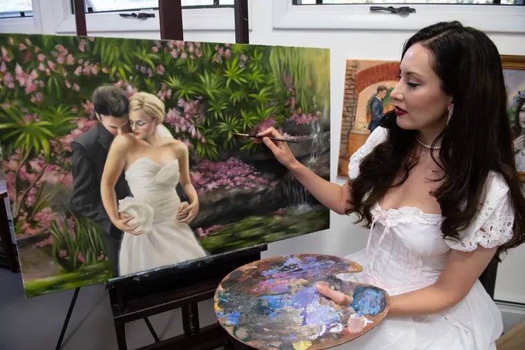 In her Wayne home studio, artist Jessica Libor demonstrates how she works as a live-event painter at weddings..