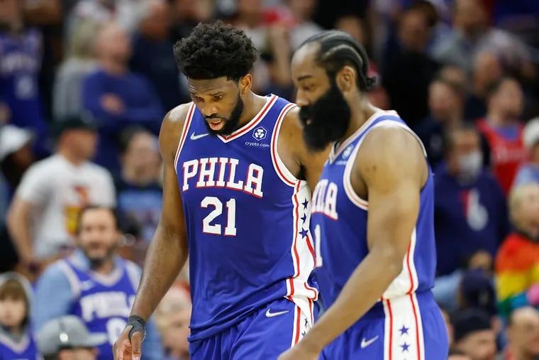 Sixers center Joel Embiid and guard James Harden during the playoff series against the Miami Heat on May 12.