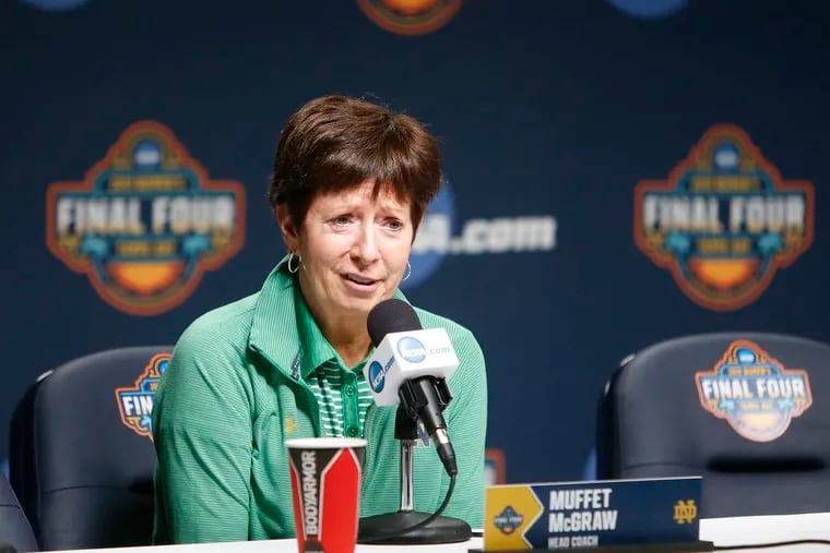 Notre Dame head coach Muffett McGraw talks to reporters ahead of the NCAA Tournament's Final Four at the Amalie Arena in Tampa, Fla.