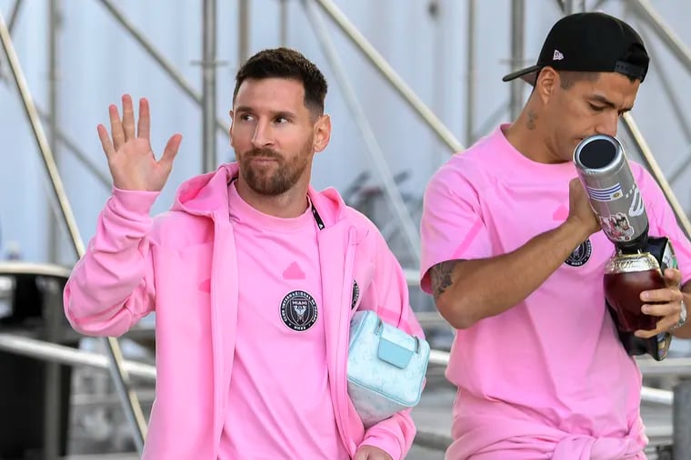 Lionel Messi (left) won't play for Argentina against El Salvador at Lincoln Financial Field on Friday because of a hamstring strain he recently suffered with his club team, Inter Miami.