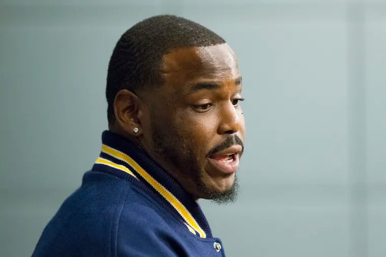 Malik Jackson answers questions at a press conference after being signed by the Philadelphia Eagles on March 13, 2019.