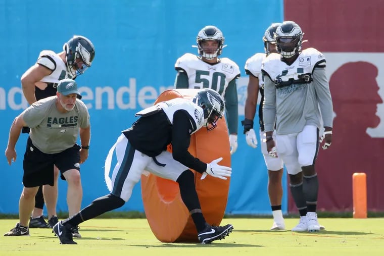 Linebacker Nigel Bradham runs a drill during Eagles training camp at the NovaCare Complex in South Philadelphia on Saturday, Aug. 10, 2019.