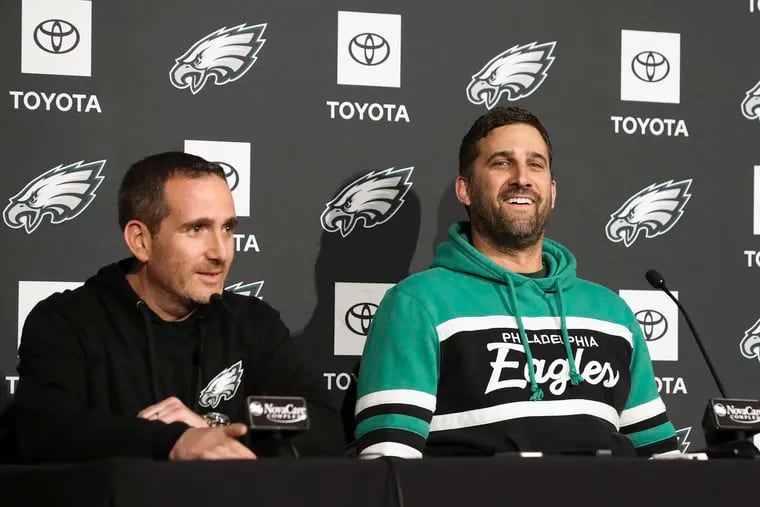 General manager Howie Roseman, left, with coach Nick Sirianni, improved the Eagles' Super Bowl odds with their first-round haul on Thursday.