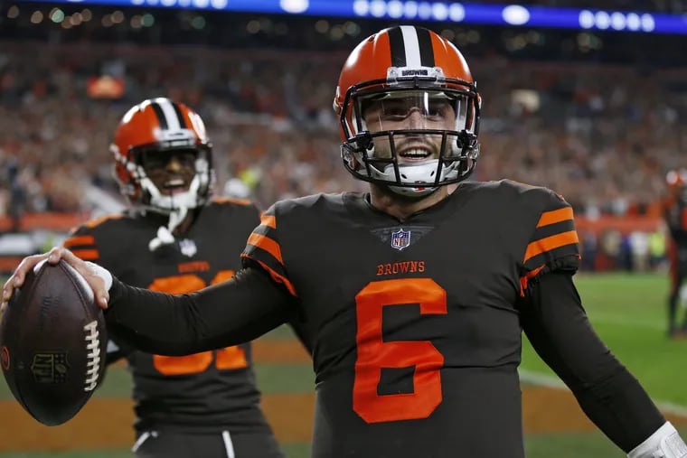 Browns quarterback Baker Mayfield celebrates after scoring a two-point conversion against the Jets on Thursday night.
