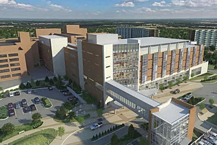 This artist's conception shows the new five-story pavilion, in front of the existing hospital, connected to the new parking garage by an enclosed pedestrian bridge. Groundbreaking is scheduled for this week.