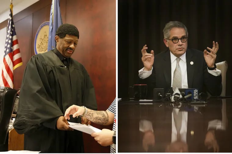 Philadelphia Common Pleas Court Judge Rayford Means (left) and District Attorney Larry Krasner (right) in file photos.