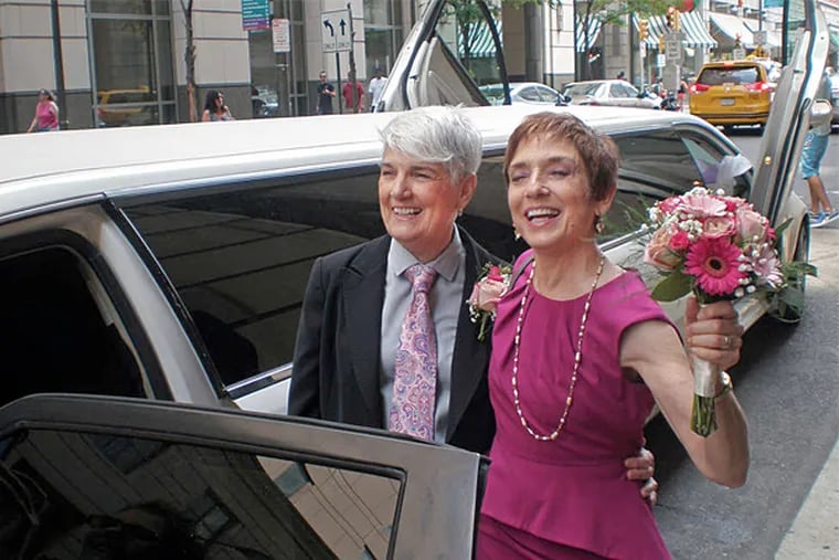 Rita Myers (left) and Bonnie Strahs after their wedding in June. (Robin Miller Photography)