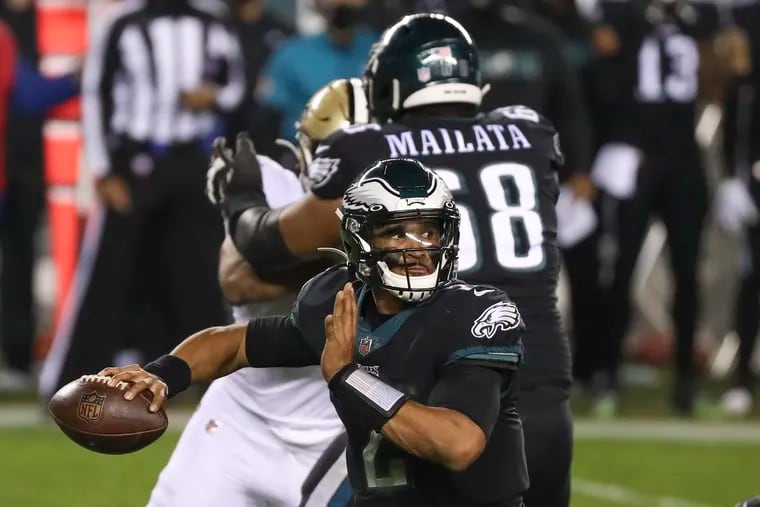 The Eagles offensive line protected Jalen Hurts in his first career start Sunday against the New Orleans Saints' top-rated defense.