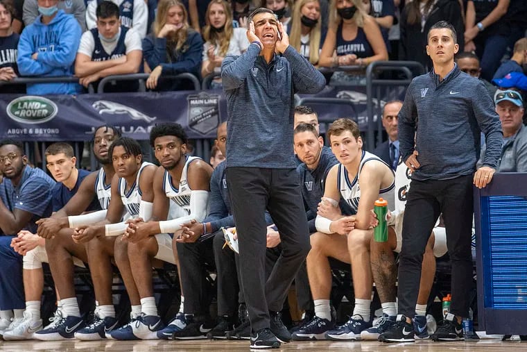 Villanova coach Jay Wright gestures during a Tuesday's game against Mount St. Mary's The Pavilion.