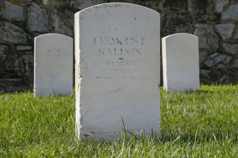 The grave of World War II POW 2nd Lt. Feoktist Kalinin at Finns Point National Cemetery in Pennsville.