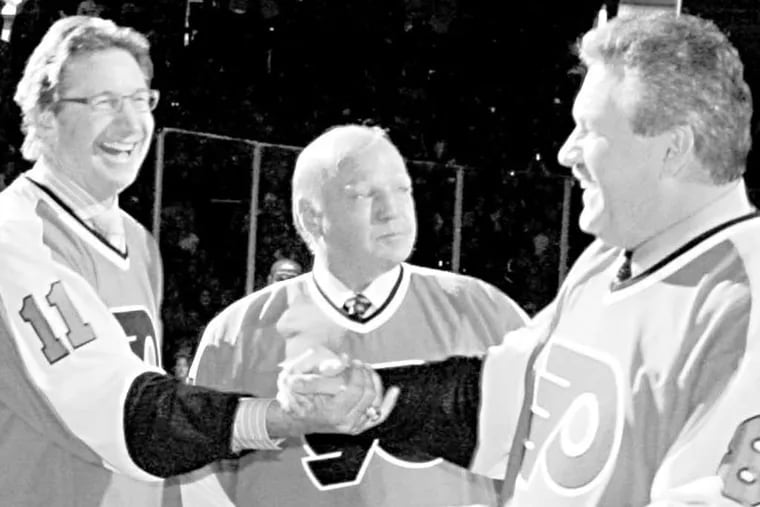 Former Flyers (from left) Don Saleski, Bob Kelly, and Dave Schultz during a 2008 reunion. Saleski said he's proud of his charitable work.