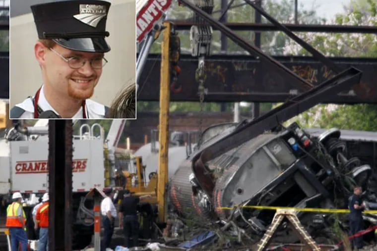 Just before the crash, with the train traveling at 106 mph, the train's engineer, Brandon Bostian (inset), hit his emergency brakes, NTSB officials said. (ALEJANDRO A. ALVAREZ/Staff Photographer)