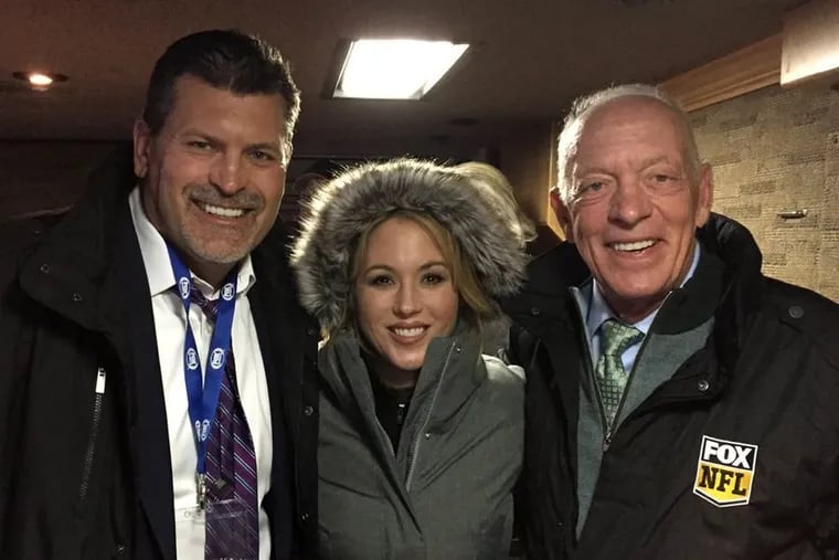 Calling Sunday's Eagles-Bears game on Fox will be (from left to right) analyst Mark Schlereth, sideline reporter Jennifer Hale, and veteran play-by-play broadcaster Dick Stockton.