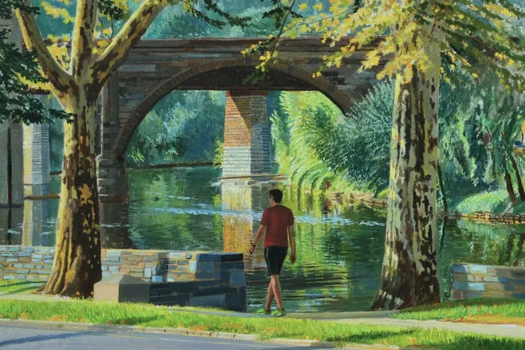 "Railroad Bridge, Fall," by Larry Francis, on exhibit at the Gross McCleaf Gallery. Image courtesy of the Gross McCleaf Gallery.