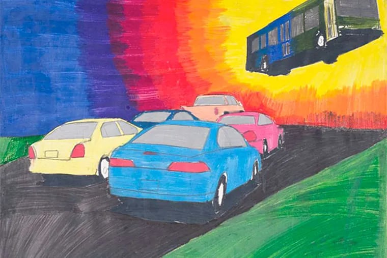 Geraldo Gonzalez's drawing &quot;Flying Bus With Traffic,&quot; 2013, colored pencil and graphite on paper, in Fleisher/Ollman Gallery's &quot;All Different Colors.&quot;
