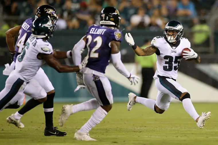 Eagles running back Donnel Pumphrey (35) returns a kick during a preseason game against the Baltimore Ravens at Lincoln Financial Field in South Philadelphia on Thursday, Aug. 22, 2019.