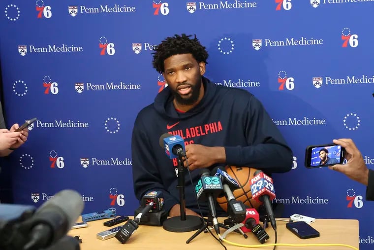 Joel Embiid speaks to the media for the first time since his injury at the Philadelphia 76ers training complex in Camden, NJ on Thursday, Feb. 29, 2024.