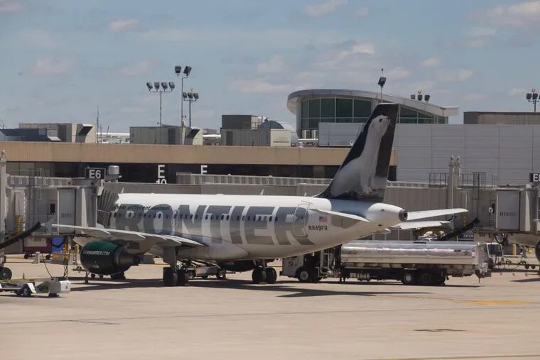 A Frontier Airlines plane at  Philadelphia International Airport.