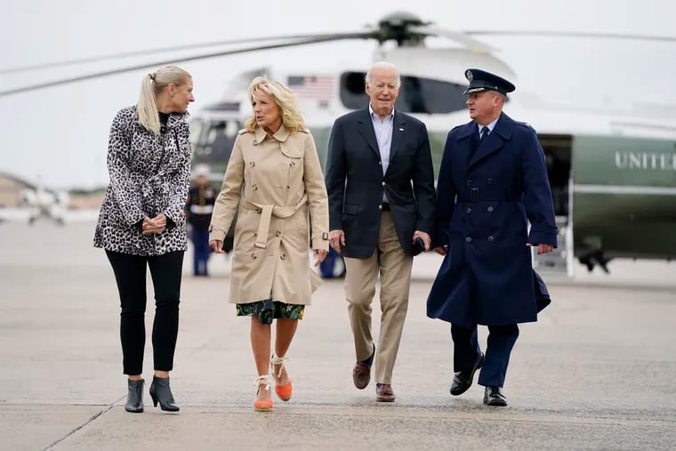 President Joe Biden and first lady Jill Biden walk to board Air Force One for a trip to Puerto Rico to survey storm damage from Hurricane Fiona.