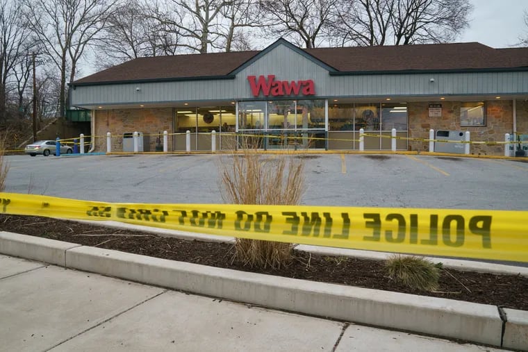 Police tape in place at the location of a fatal shooting inside a Wawa, at 151 Sugartown Road, in Radnor, PA, March 29, 2019.