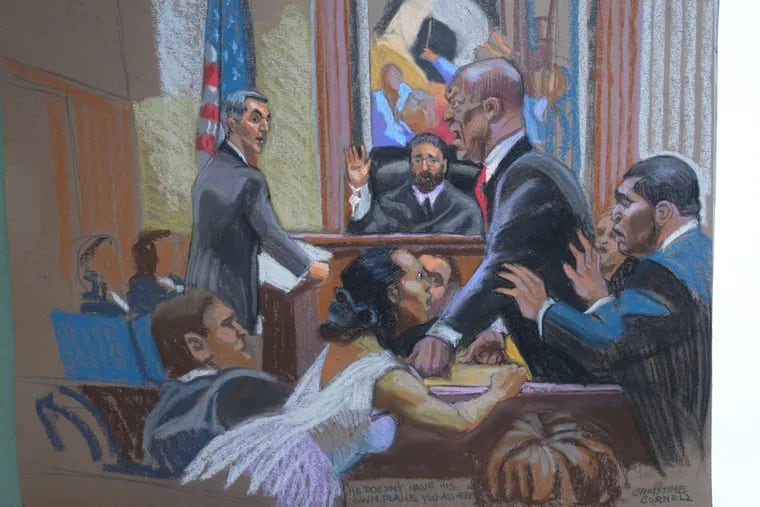 Courtroom sketch artist Christine Cornell's depiction of Bill Cosbsy cursing Montgomery County District Attorney Kevin Steele moments after the entertainer was convicted of sexual assault in April 2018.