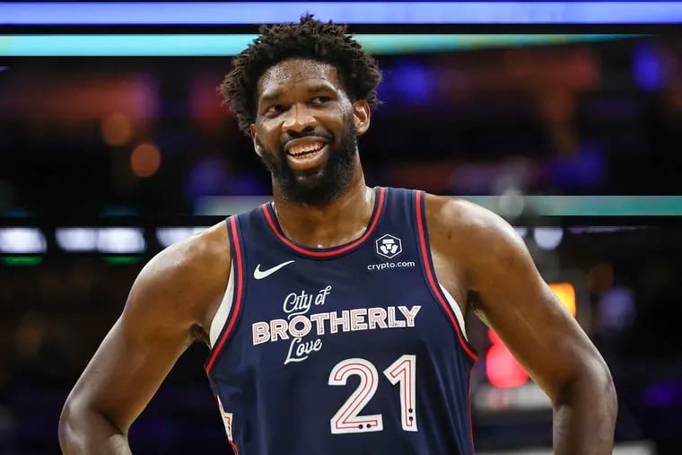 76ers center Joel Embiid smiles during a game against the Minnesota Timberwolves at Wells Fargo Center on Dec. 20.