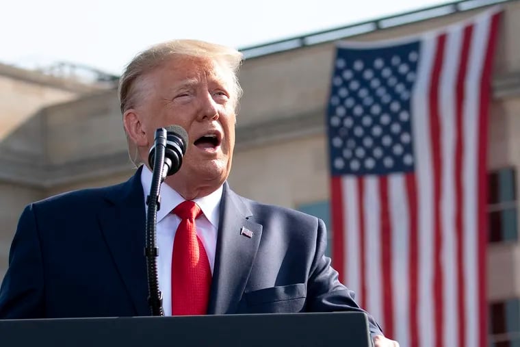 President Donald Trump delivers remarks at a ceremony at the Pentagon during the 18th anniversary commemoration of the September 11 terrorist attacks.