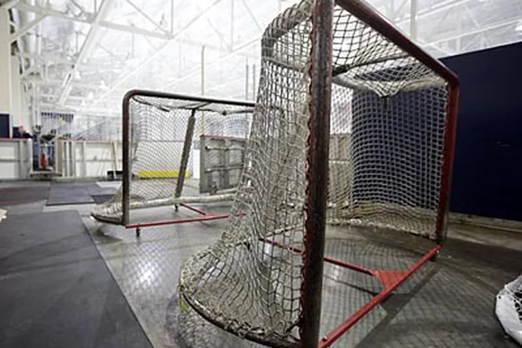 Goals sit next to a Nashville Predators practice rink on Monday, Sept. 17, 2012, in Nashville, Tenn. The NHL locked out its players at midnight Saturday, the fourth shutdown for the NHL since 1992. (AP Photo/Mark Humphrey)