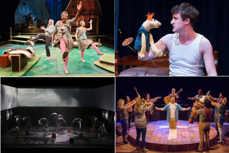 Barrymore-nominated shows (clockwise from upper left:) “A Year with Frog and Toad” (Arden Theatre Company); “Hand to God” (Philadelphia Theatre Company); “Godspell” (Eagle Theatre); and “How to Use a Knife” (InterAct Theatre Company).