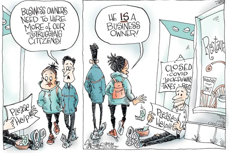 Political Cartoon: Small business sidewalk sale