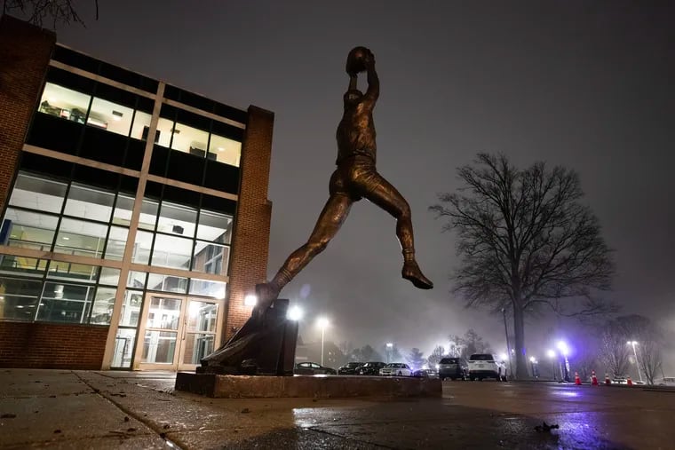The statue of Tom Gola on March 2, 2024, after the final game in Tom Gola Arena before an extensive revision of the arena.