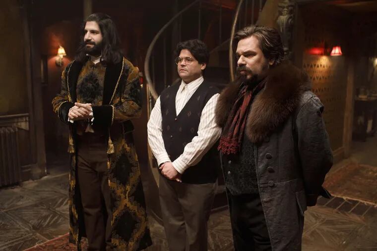 FX's "What We Do in the Shadows" cast members (from left) Kayvan Novak as Nandor, Harvey Guillen as Guillermo, and Matt Berry as Laszlo.