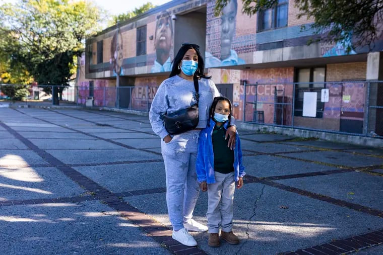 Agyili Mitchell, 48, of North Philadelphia, and her daughter Aaila Mitchell, 5, outside of Richard Wright Elementary. Wright has a school nurse only one day a week, which worries Mitchell, whose daughter has sickle cell anemia, asthma, and allergies that require her to always have an Epi-Pen nearby.