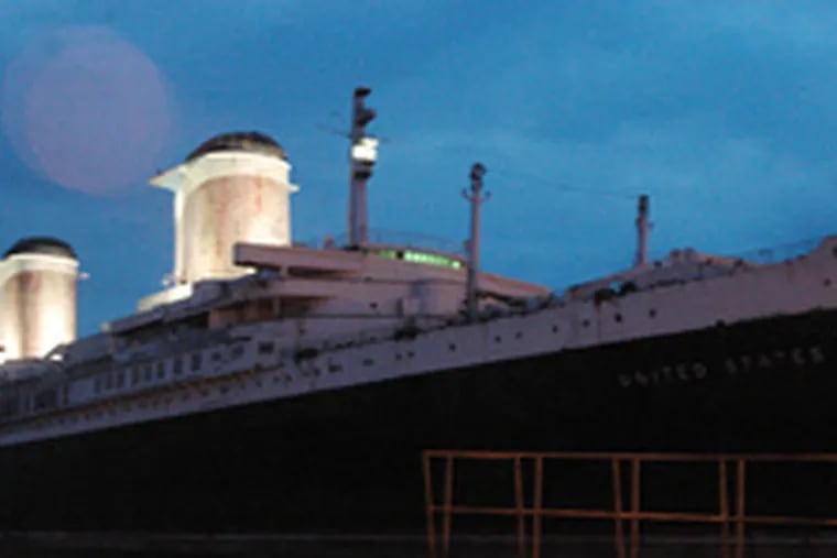 The SS United States is lit up for a PBS documentary. The film group that visited the 56-year-old ocean liner, docked off Columbus Boulevard, is pushing for the ship&#0039;s restoration to its record-setting glory.