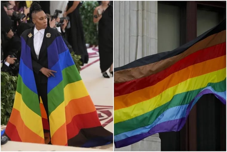 Lena Waithe (left) wears a rainbow cape at the Met Gala in New York on Monday. The cape has black and brown stripes, similar to Philadelphia’s LGBT flag (right).