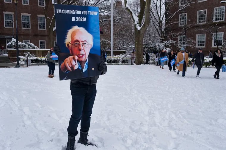 People arrive for a rally for Sen. Bernie Sanders, I-Vt., before Sanders kicked off his political campaign Saturday, March 2, 2019, in the Brooklyn.