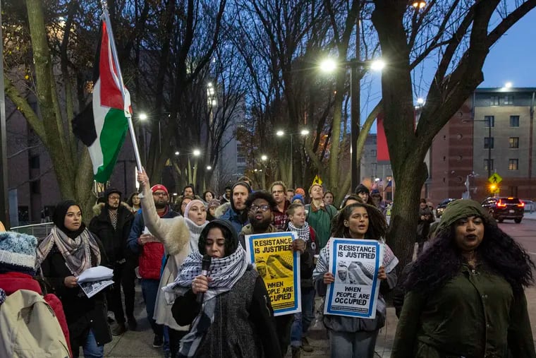 Temple students, alumni, and activists march at Temple University in support of Marc Lamont Hill, who was recently fired from CNN for comments he made in support of Palestine on Thursday.