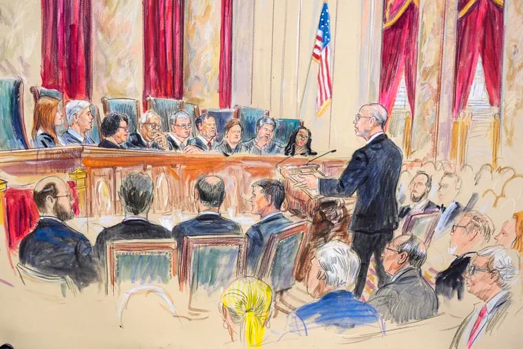 This artist sketch depicts Michael Dreeben, counselor to Special Counsel Jack Smith (right) as he argues before the Supreme Court on April 25 about whether former President Donald Trump is immune from prosecution in a case charging him with plotting to overturn the results of the 2020 presidential election.